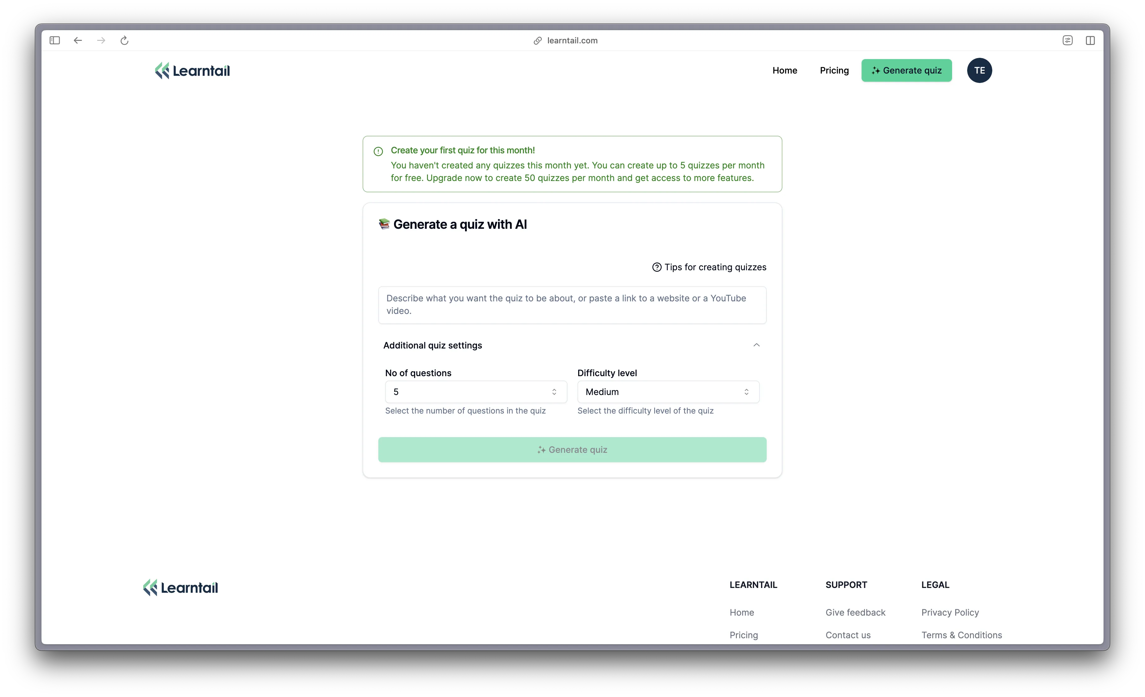 Learntail Quiz Creation Page
